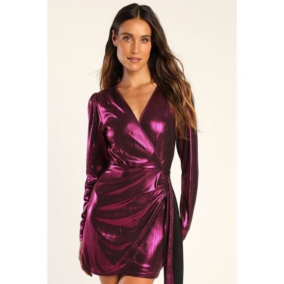 NWT LULU'S Retro Radiance Shiny Magenta Long Sleeve Tulip Mini Dress XL - Picture 1 of 10